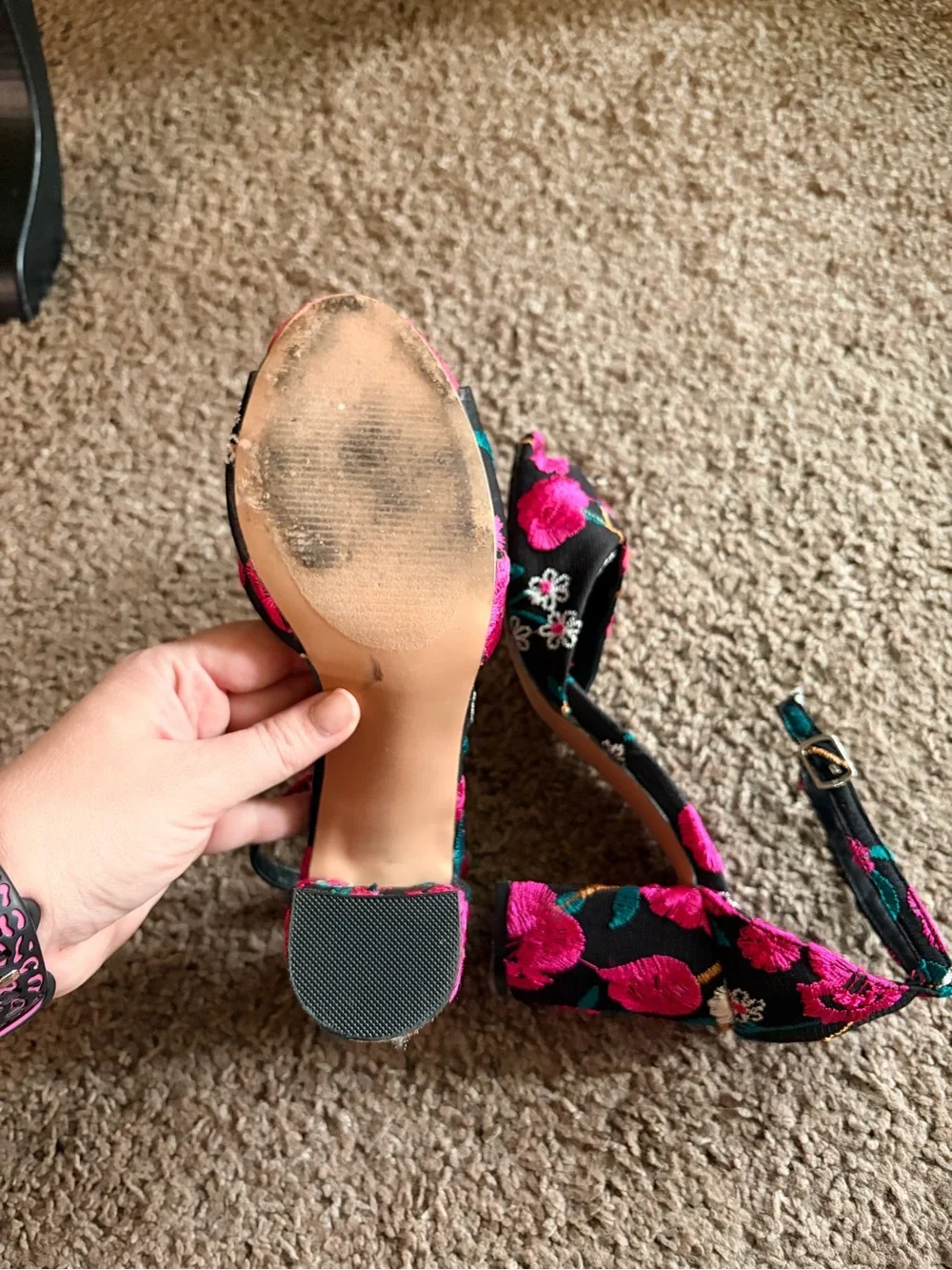 Steve Madden Black Heels with Pink Floral Embroidery